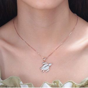 14K Rose Gold Multi Color Opal Sea Turtle Pendant & Matching Rose Gold Necklace